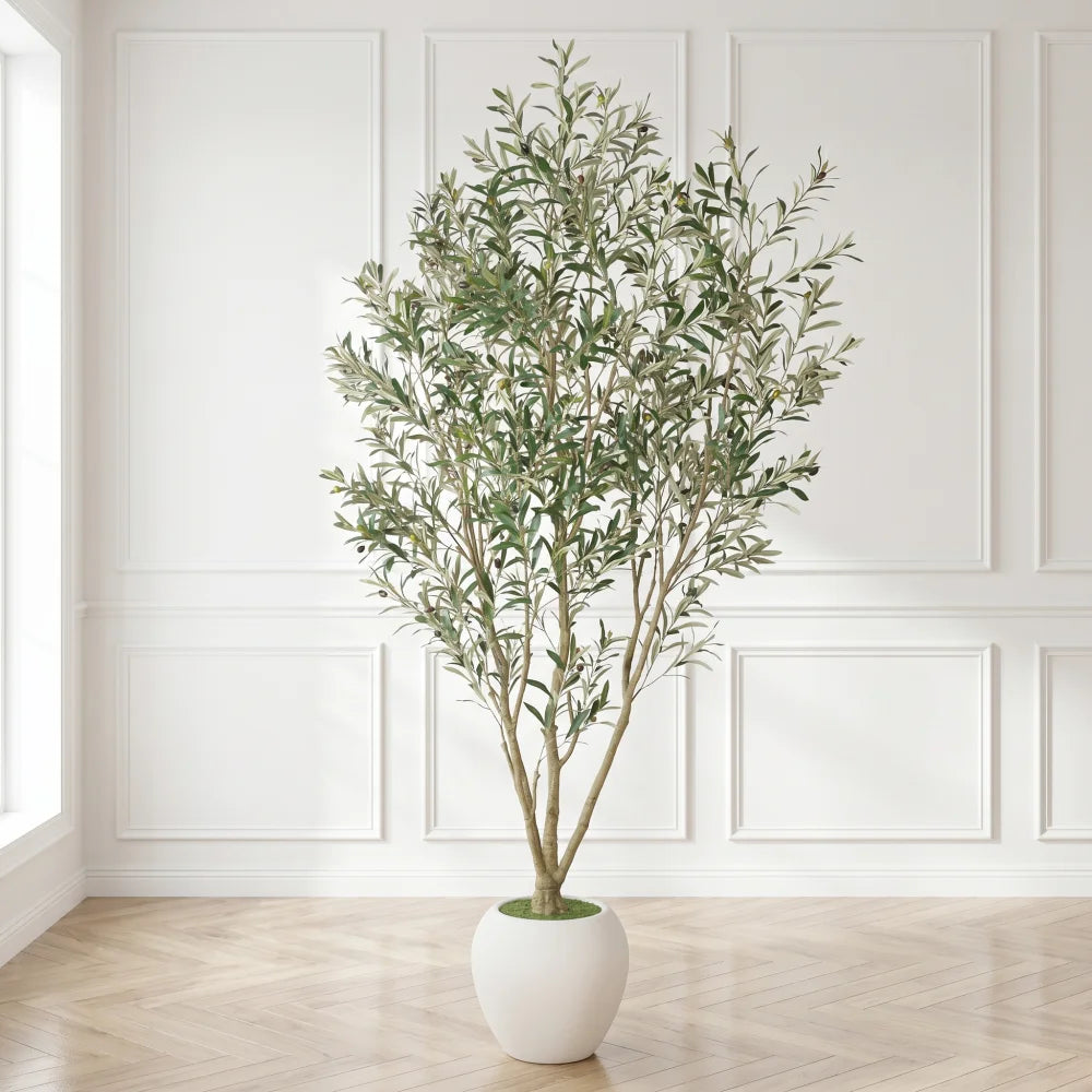8FT Artificial Olive Tree With Big Decorative White Planter, Tall Indoor & Covered Outdoor Decorative Tree, 1pc/set