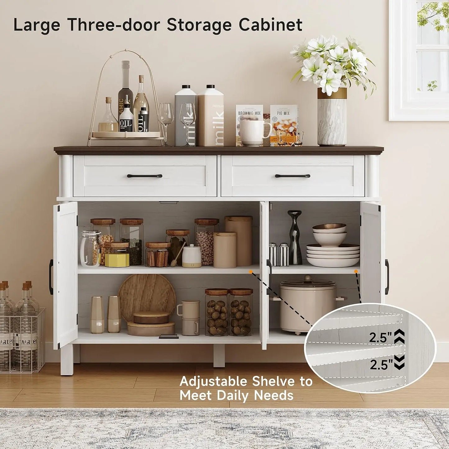 48 Inch Farmhouse Buffet Cabinet with 3 Doors & 2 Drawers, Wood Coffee Bar Storage Cabinet Adjustable Shelves for Kitchen Living Room