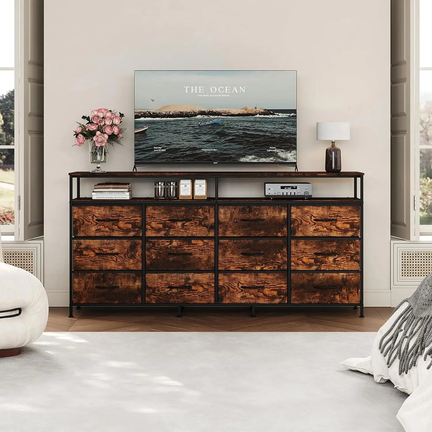 63 Inch Long Dresser For Bedroom With 12 Drawers And 2 Open Cubbies MDF Top And Steel Frame Sturdy Large Chest Of Drawers Also Functions As TV Stand For 65 To 75 Inch TV