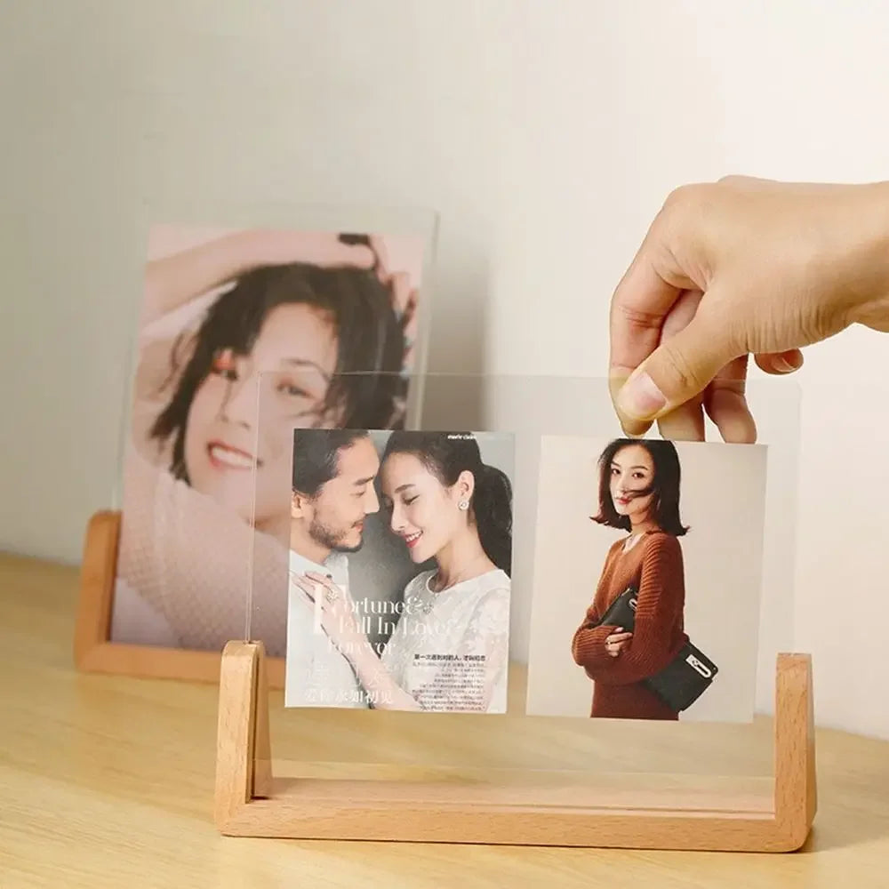 Walnut/Beech Creative Photo Frame Acrylic U Shape Transparent Frame Desktop Wood Wedding Pictures Frame Office Decor