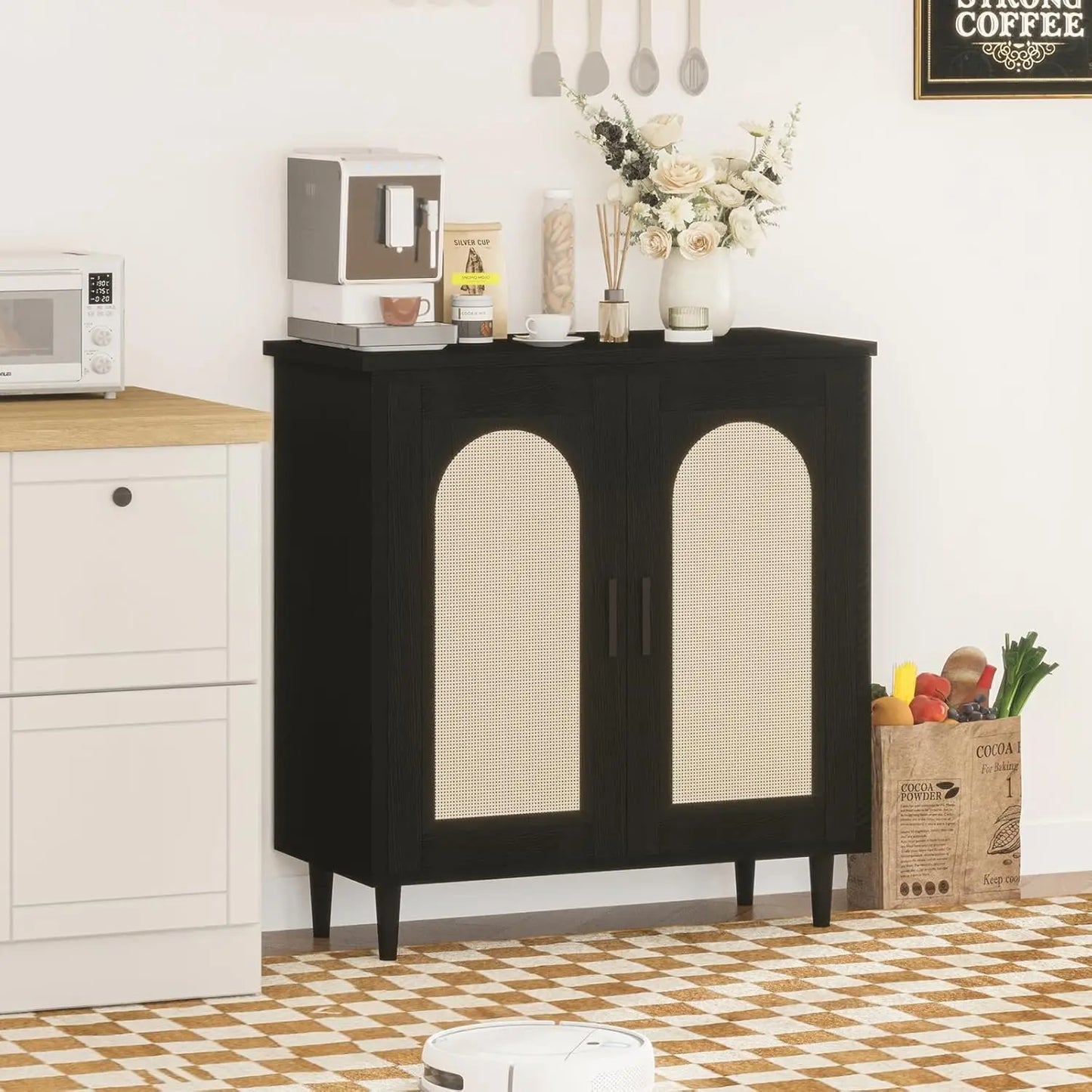 Boho Rattan Sideboard Cabinet With Storage Shelves Living Room