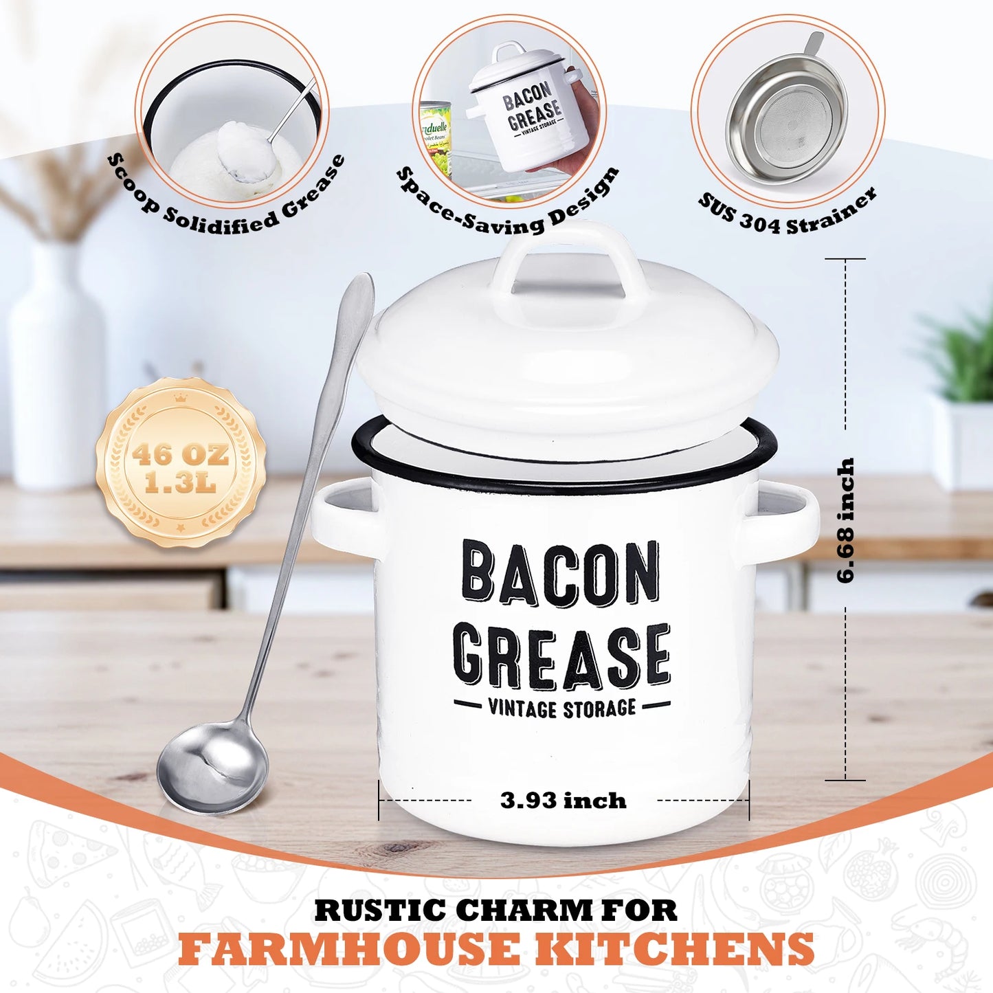 Bacon Grease Container with Strainer - Large 46OZ Red Kitchen Oil Storage Can, Food Saver Bin with Lid | Farmhouse Pot White