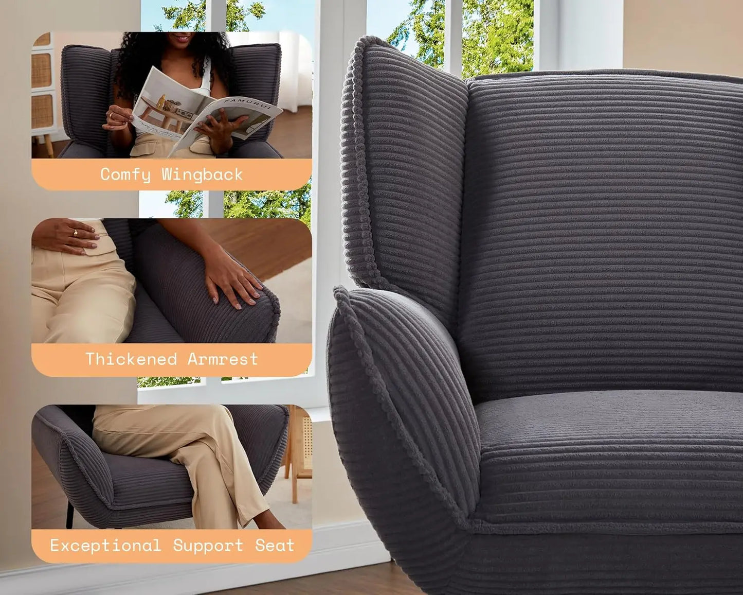 Accent Chair- Upholstered Living Room Chairs with High Wingback, Grey Reading Armchair for Bedroom, Customized