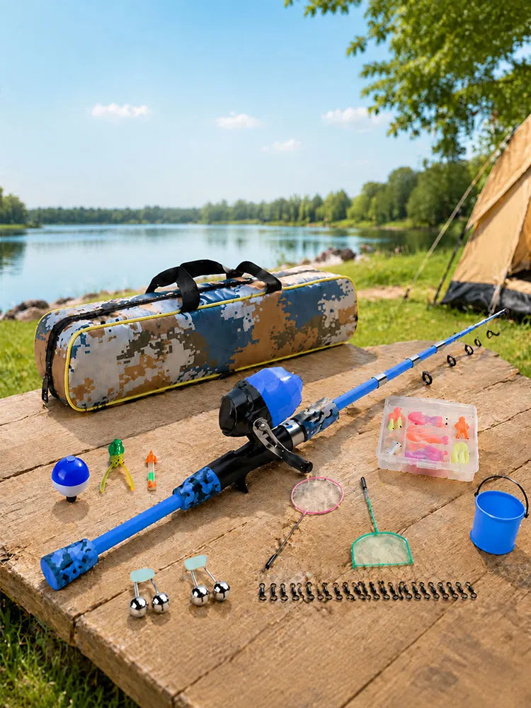 youth Fishing Pole Set with Full Starter Kit - Portable Telescopic Fishing Rod & Reel with Spinning Mechanism,All Necessary Accessories (Hooks, Sinkers, Swivels,) Ideal for Lakes, Ponds, Beach