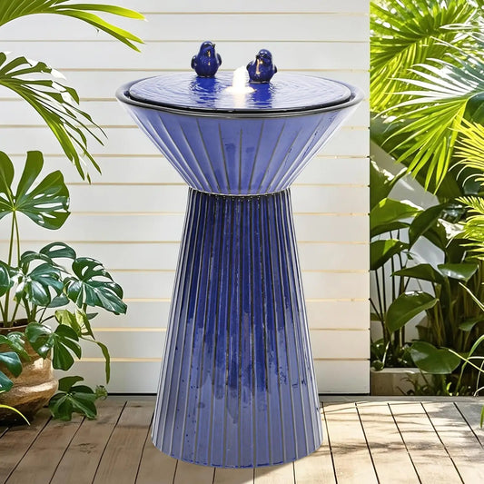 28" Tall Ceramic Outdoor Fountain and Waterfalls, Patio Fountain with LEDs, Birdbath for Outside, Soothing Water Feature for Rel