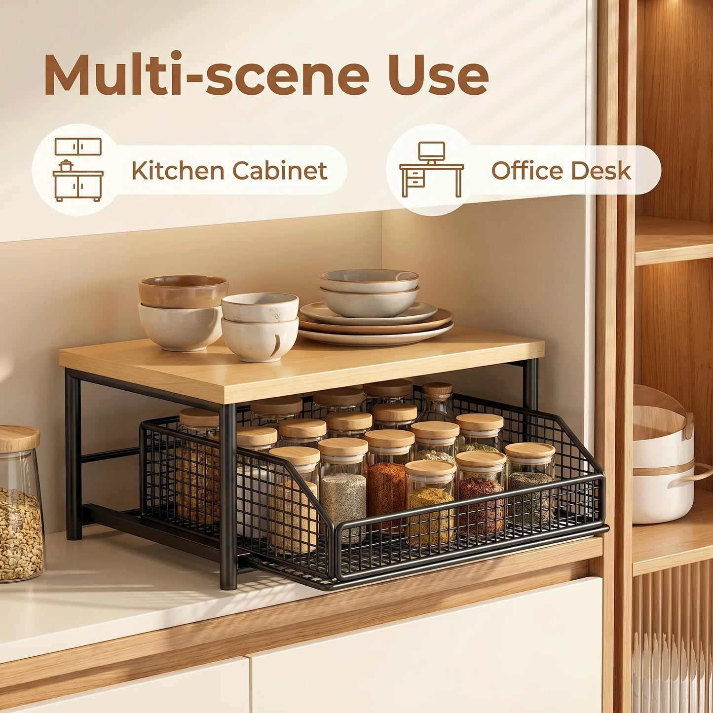 Kitchen Counter Storage Rack with Metal Drawer, Solid Wood & Metal Pull-Out Organizer for Coffee Maker, Microwave And Tableware