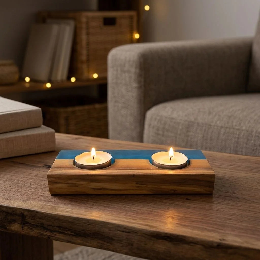 Epoxy Resin and Olive Wooden Candle Holder for Wedding Party Dinner Square Candle Stand Tealight Holder Shabbat Candle Holders