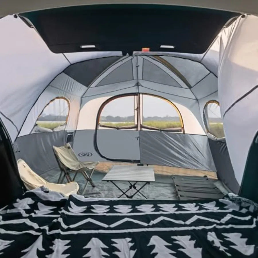 Camping SUV tent for tailgate use, polyester fabric, gray color, quick-setup with rainfly and spacious 10'x9'x78in H interior