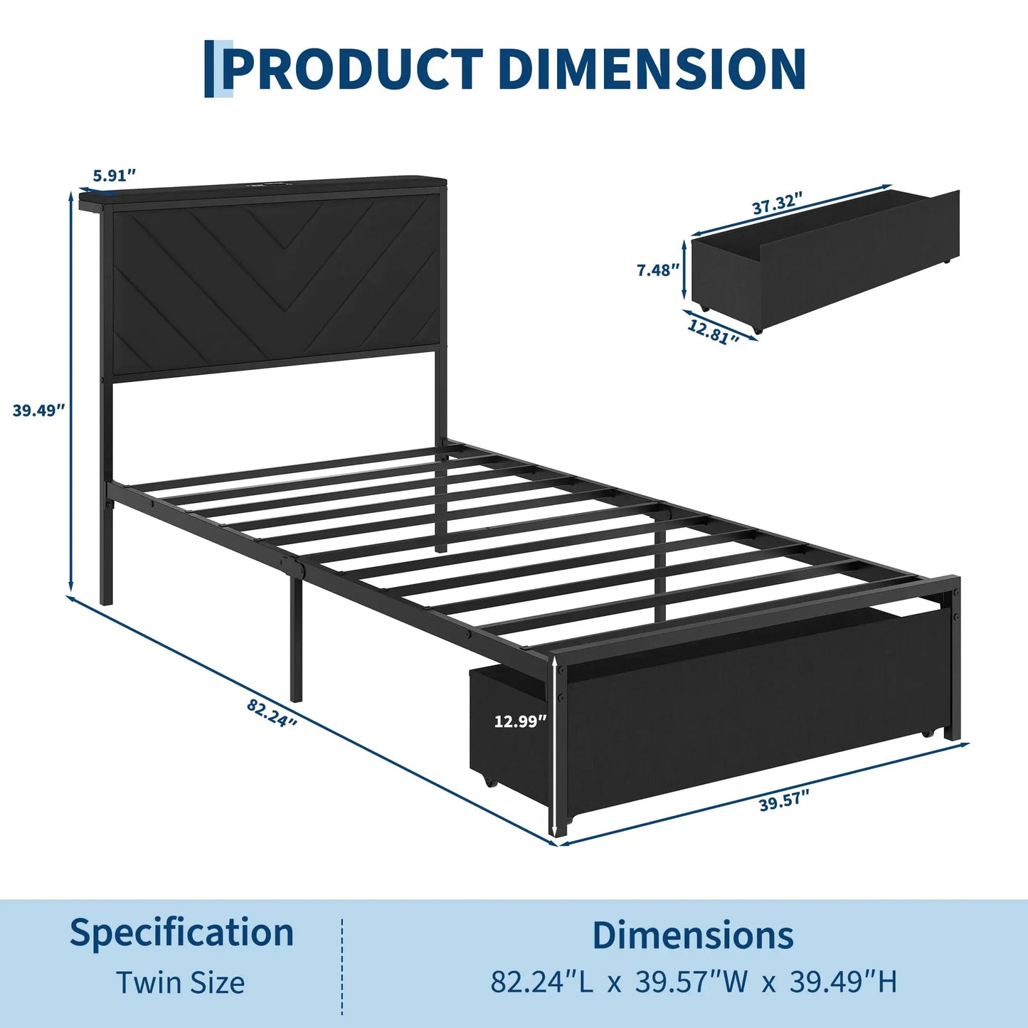 Twin Full Queen Upholstered Metal Platform Bed Frame With Storage Drawers, Headboard Charging Station, V-Pattern, No Box Spring
