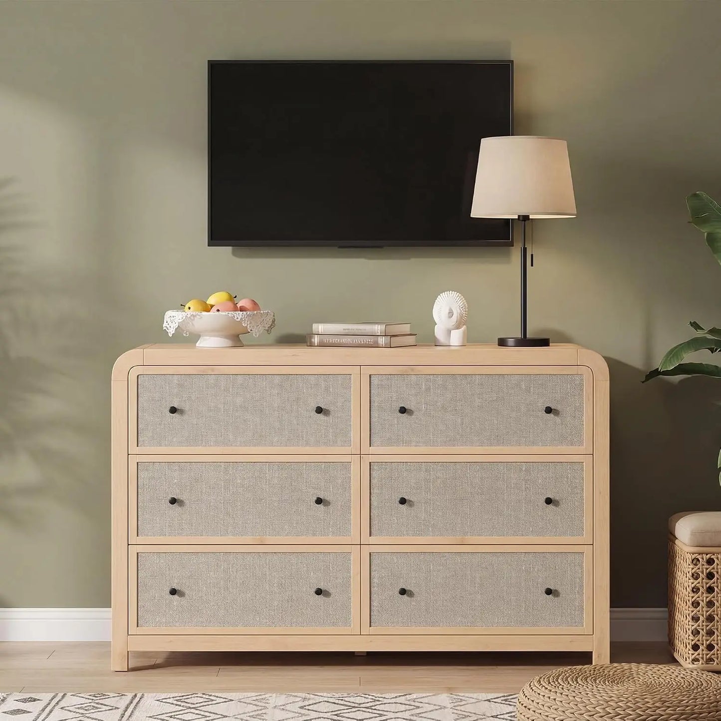 6 Drawer Dresser For Bedroom 49 Inch Wide Chest Of Drawers With Linen Drawer Modern Storage Cabinet With Rounded Corners Anti Tip Kit For Living Room Entryway Home Office