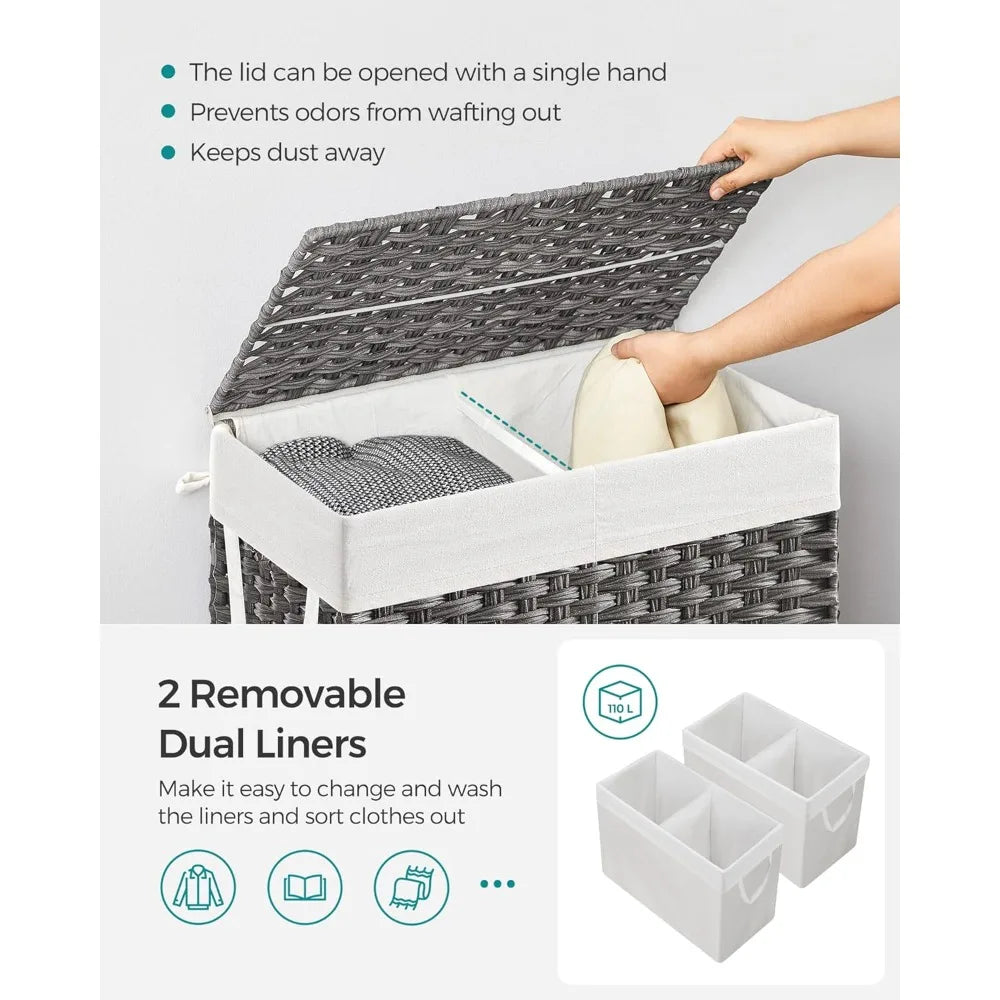 Large 110L Laundry Hamper with Lid, 2 Removable Liners & 6 Mesh Bags, Breathable Wicker Basket for Family Bathroom Storage