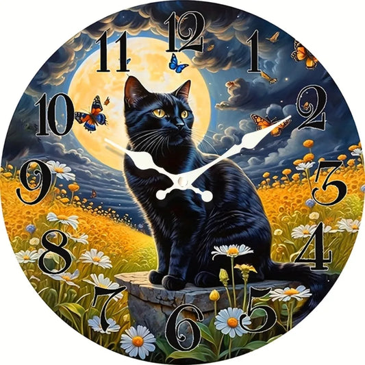 One Pack, Moon and Kitten Scene Silent Wall Clock, Suitable for Home Decor, Gift Giving, AA Battery