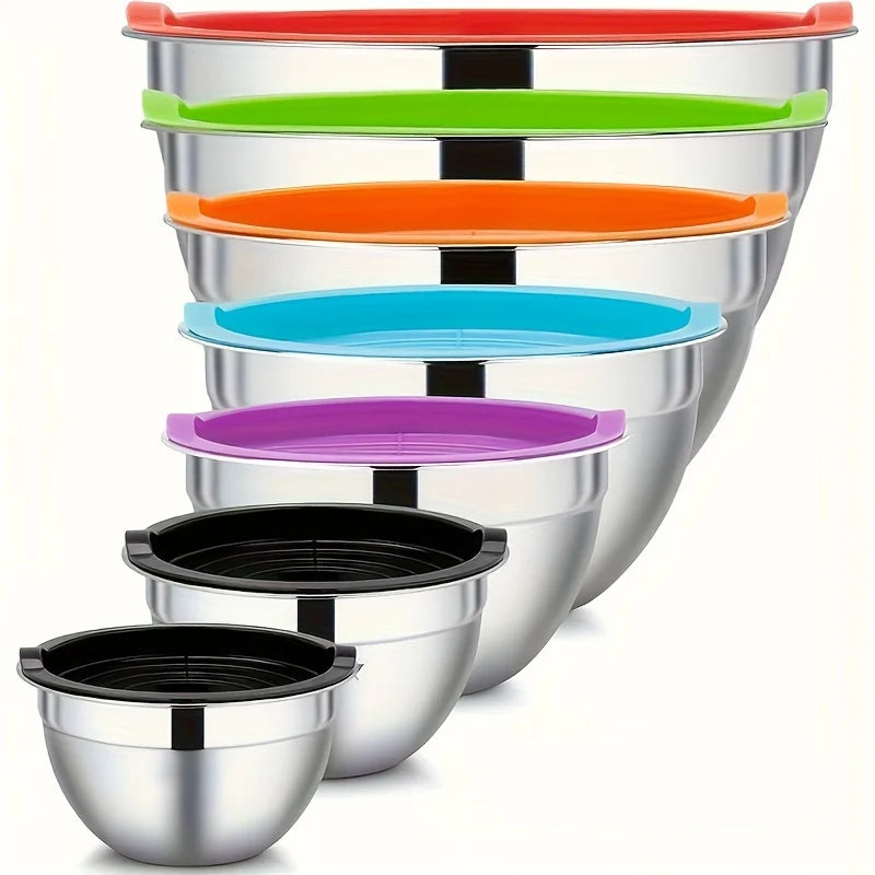 7pcs Mixing Bowls with Lids/7pcs Mixing Bowl+2pcs Bottles for Kitchen, Stainless Steel Mixing Bowls Set Ideal for Baking, Prepping, Cooking And Serving Food, Nesting Metal Mixing Bowls for Space Saving Storage
