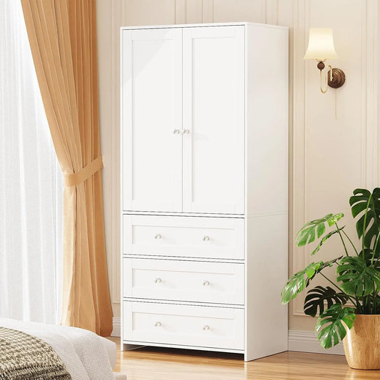 Armoire Wardrobe Closet with Drawers and Mirror, 71" Clothing Storage Cabinet with Hanging Rod, 2 Doors Wooden, Customized