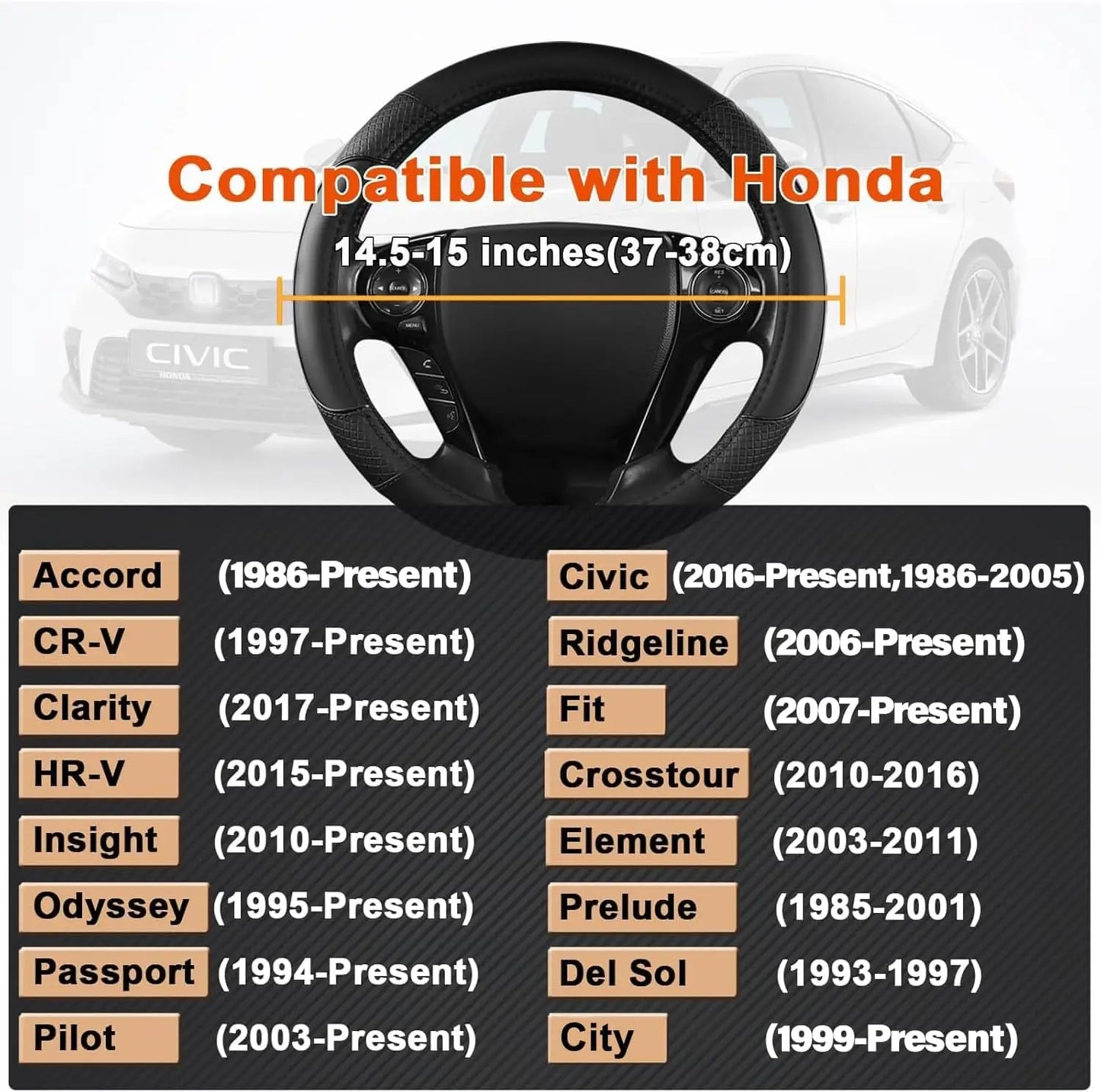 Diamond-Pattern Microfiber Leather Steering Wheel Cover for Honda Accord, Civic, CR-V, HR-V, Pilot - Black Standard Size