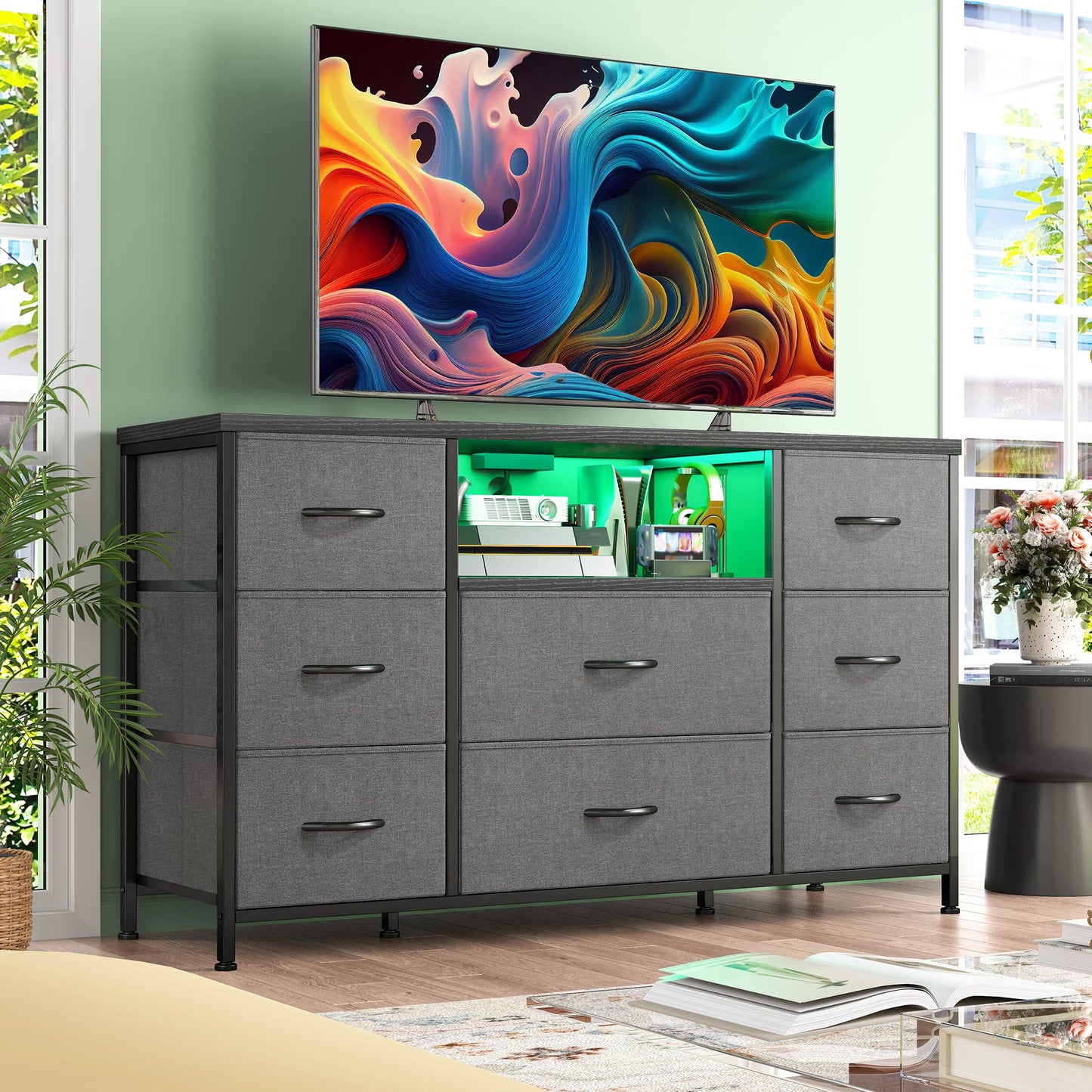 EnHomee 8-Drawer Media Dresser with LED Lighting & Built-in Charging Station - Fabric Storage Cabinet for 55" TVs, Ideal for Bedroom