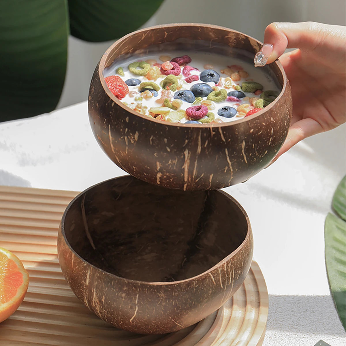 Natural Coconut Shell Bowl And Spoon Set For Serving Dishes Salad Wooden Reusable Kitchen Tableware Coconut Bowls Fruit Bowl