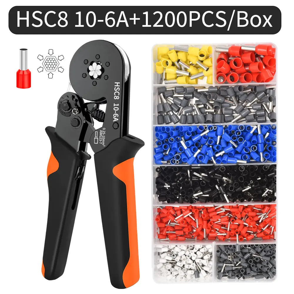 Hexagonal Self-Adjustable Ratchet Ferrule Crimping Tool Kit 23-7AWG 0.25-10mm² Crimper Kit with Ferrule Sleeves Wire Terminals