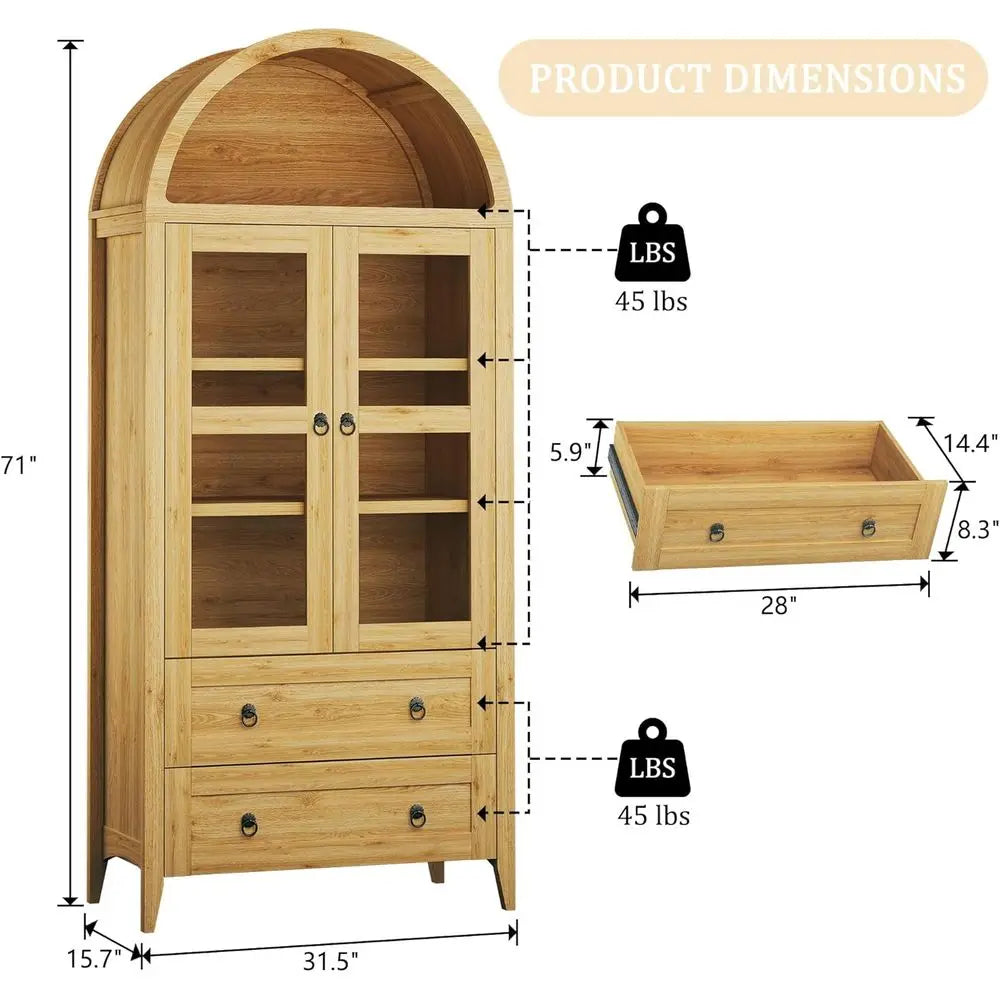 71 Tall Arched Pantry Cabinet with Glass Door, 2 Drawers, and Adjustable Shelves for Kitchen, Dining, Living Rooms