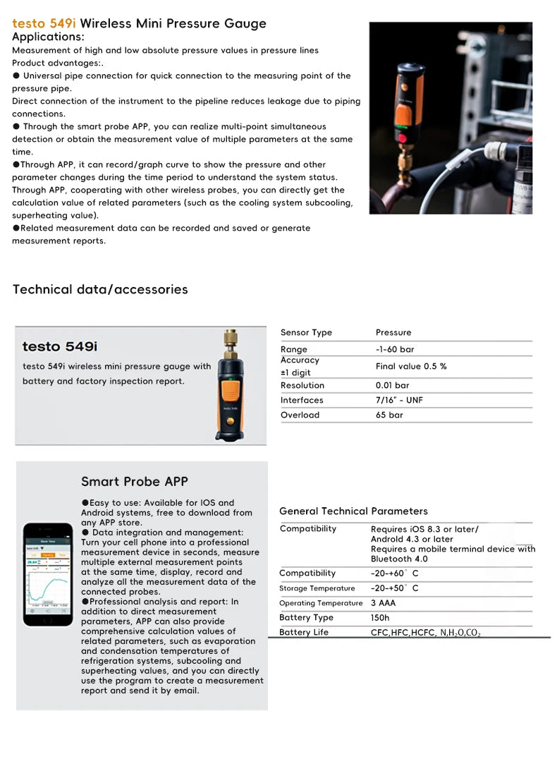 Digital Manifold High-pressure Gauge AND Pipe-clamp Thermometer Operated Via Smartphone 549i AND 115i