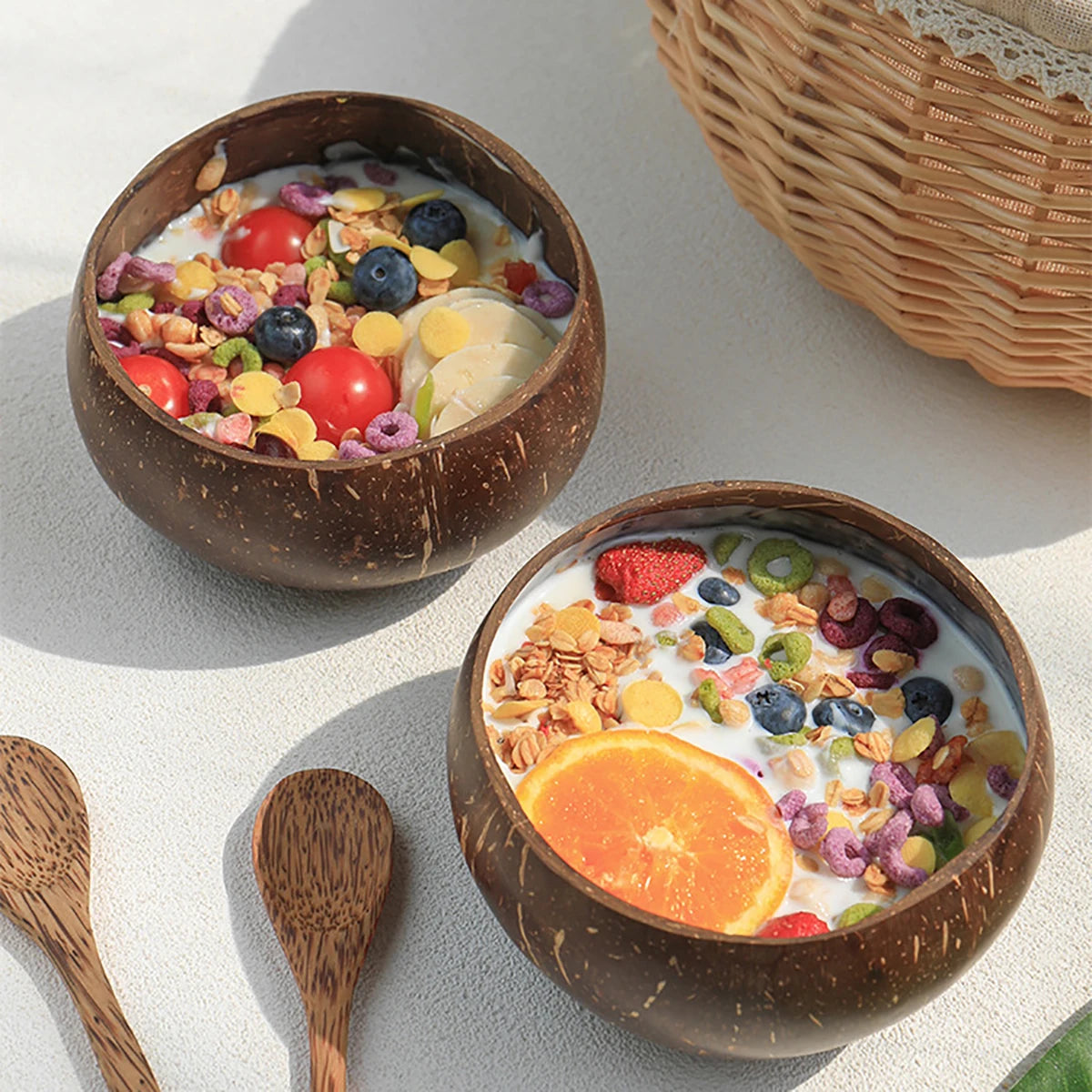 Natural Coconut Shell Bowl And Spoon Set For Serving Dishes Salad Wooden Reusable Kitchen Tableware Coconut Bowls Fruit Bowl