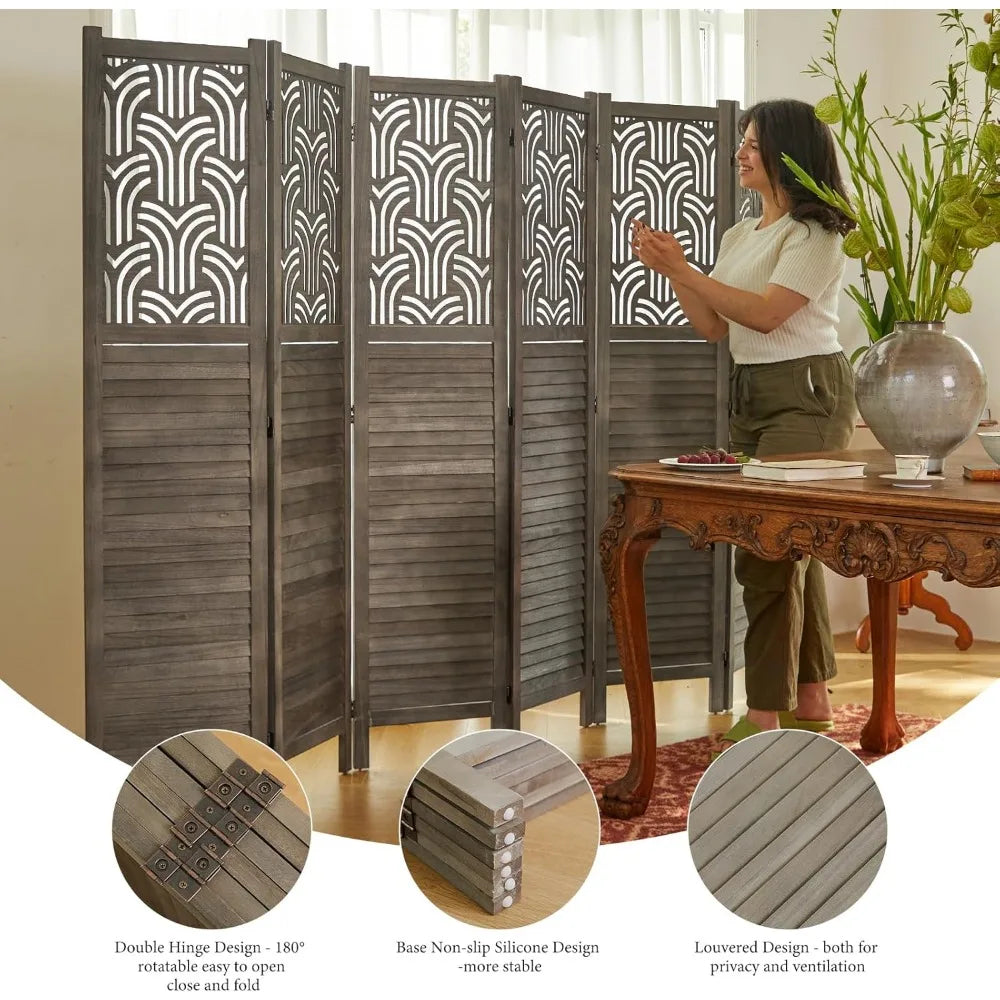 5.6 Ft Room Divider Wood Carved Wall Divider Indoor Folding Portable Partition Screen for Home Office Garden Terrace - 6 Panel