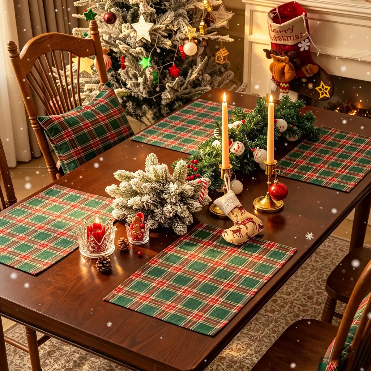 2/4/6Pcs Christmas Tartan Plaid Placemats Washable Table Mats for Holiday Dining Table Decor