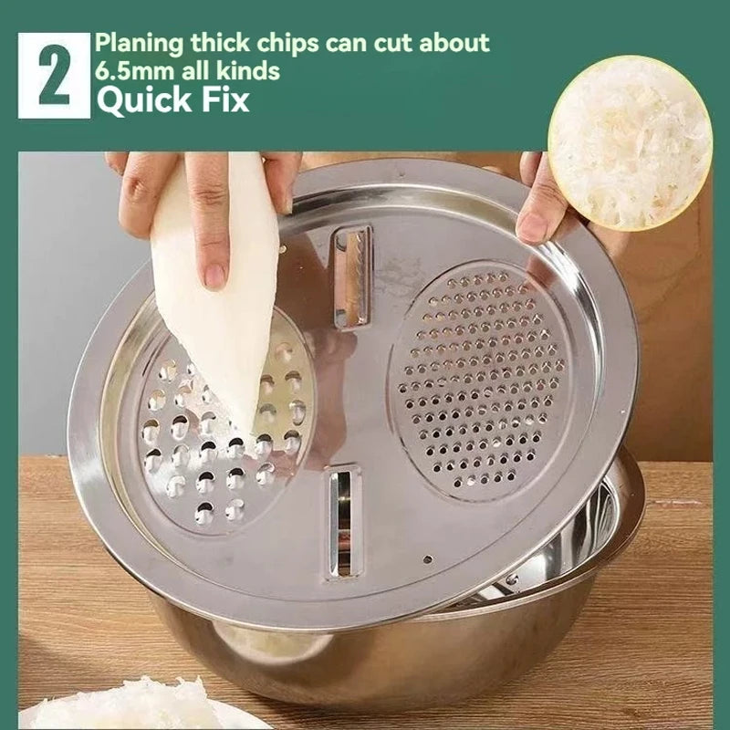 Vegetable Slicer Set 3PCS/1Set Stainless Steel Potato Cutter with Washing Basin Drain Basket Multifunctional Vegetable Chopper