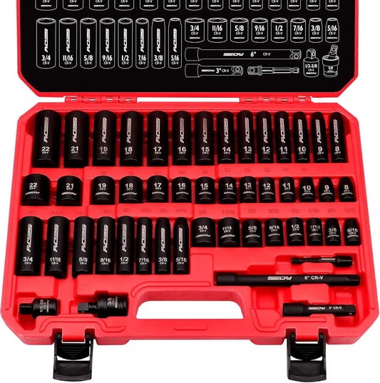 49-Piece 3/8" Drive Impact Socket Set with SAE and Metric Sizes, Extension Bars, Universal Joint for High Durability