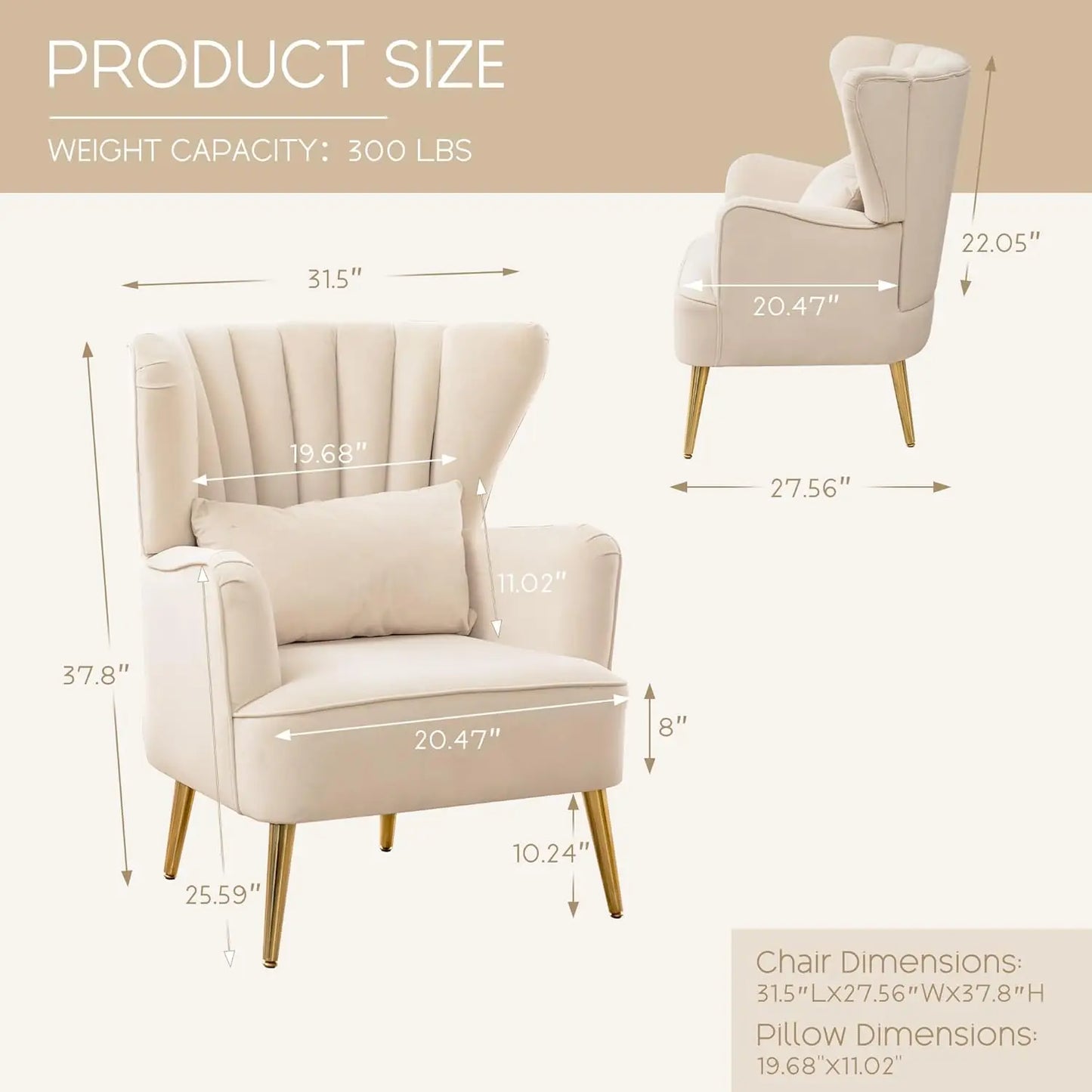 Beige Wingback Armchair Upholstered Reading Chair Bedroom Living Room Small Spaces with Pillow Customized