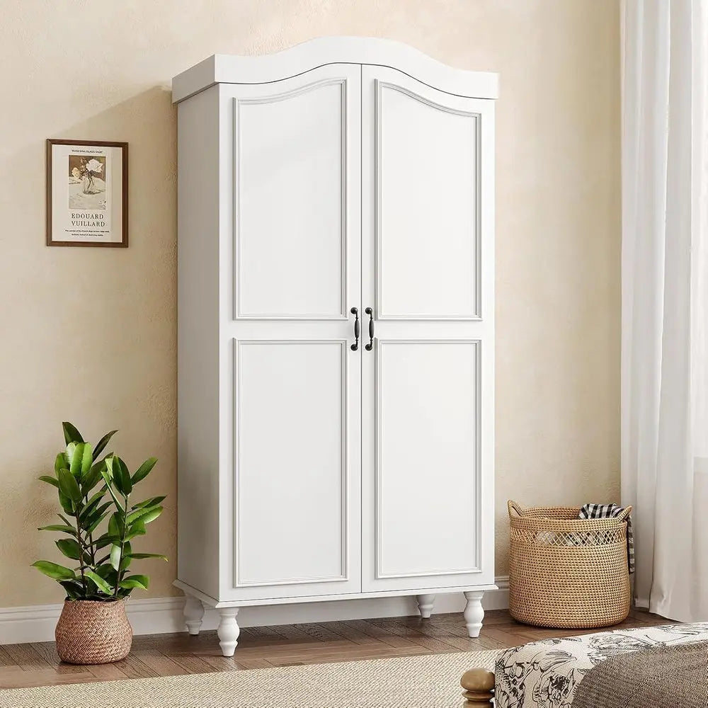 71 High Wooden Armoire with 2 Doors, Hanging Rod & Shelves - White Storage Cabinet for Bedroom or Cloakroom