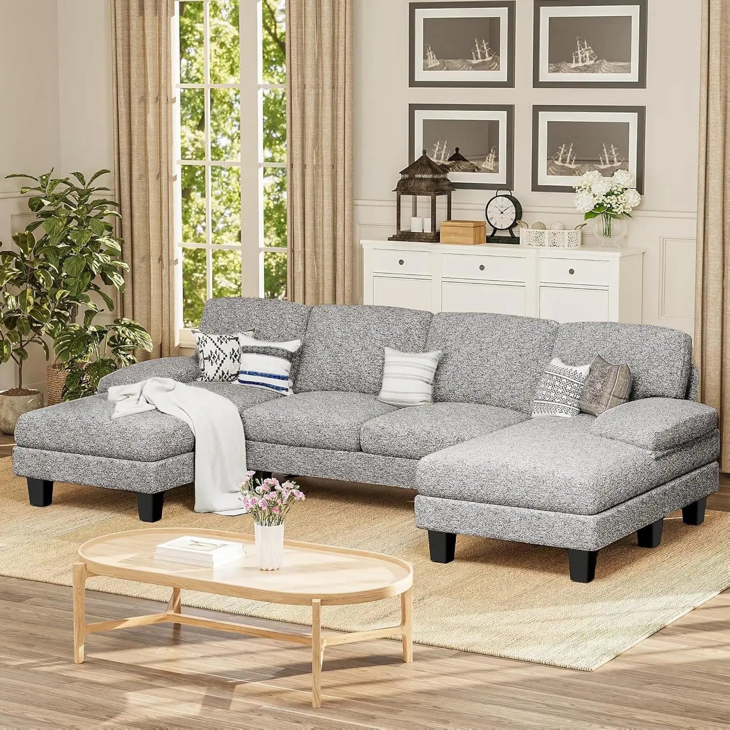 Sectional Couches for Living Room, U-Shaped Sofa Couch with Linen Fabric, 4 Seat Sofa Set with Double Chaise for, Custom