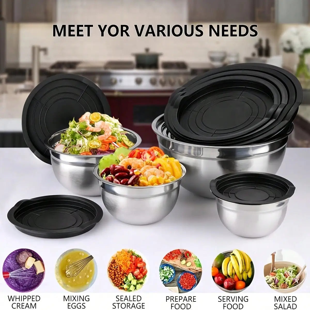 7PC Food Grade Stainless Steel Mixing Bowls Set,Kitchen Bowl, Salad Bowl, Metal Mixing Bowl,Nesting Stackable Deep Basin with Sealed Lid,BPA Free Dishwasher Safe for Cooking Prep,Fruit Washing, Marinating, Salad Making,Food S
