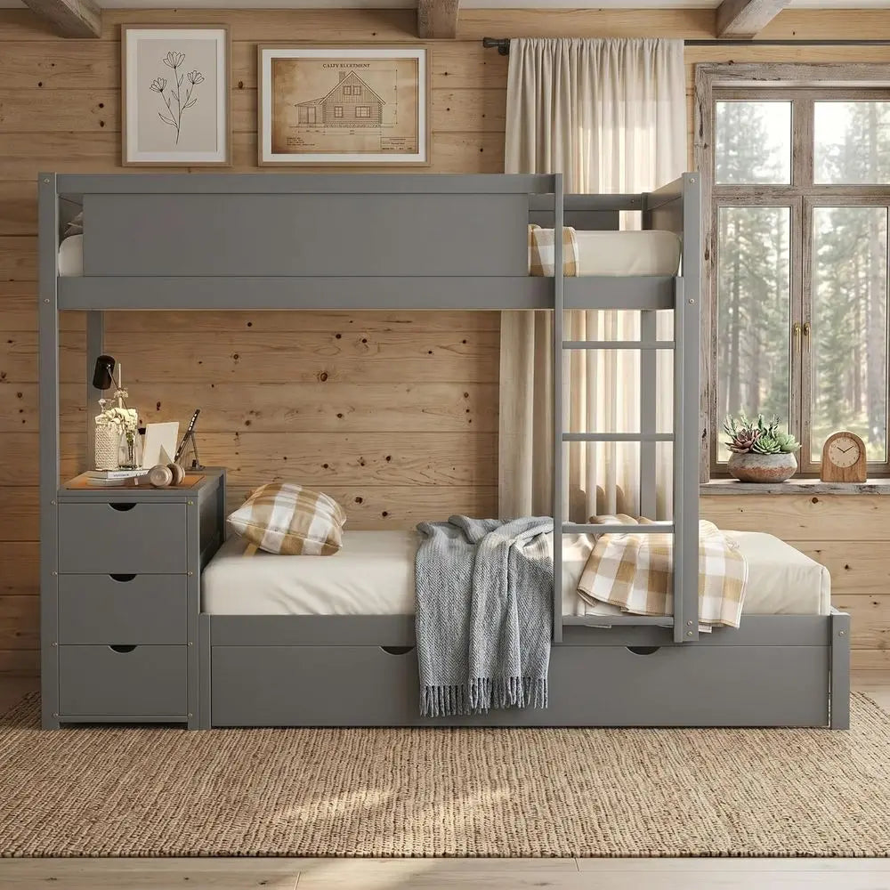 Gray Twin-Size Trundle Bunk Bed with Storage, Desk, and USB Ports