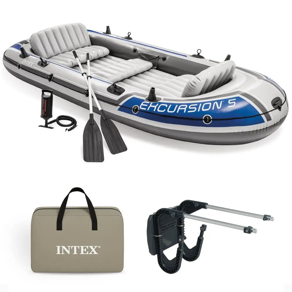 Excursion 5 Person Inflatable Outdoor Fishing Raft Boat Set with 2 Aluminum Oars and Air Pump with a Composite Motor Mount Kit