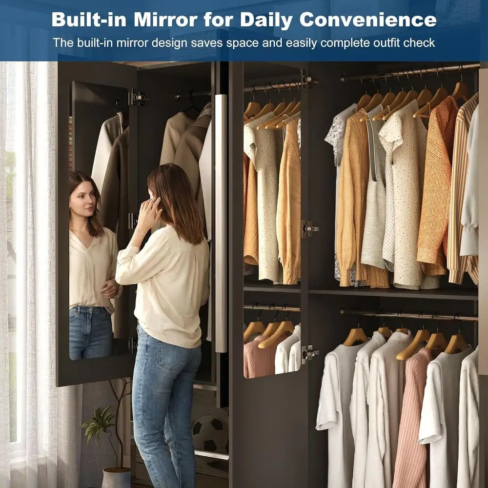 70” Tall 4 DoHigh Gloss Armoire Wardrobe Closet 2 Mirror, LED Lights, 2 Ders,63" ern Closet Wardrobe Cabinet with Shelves and Ha
