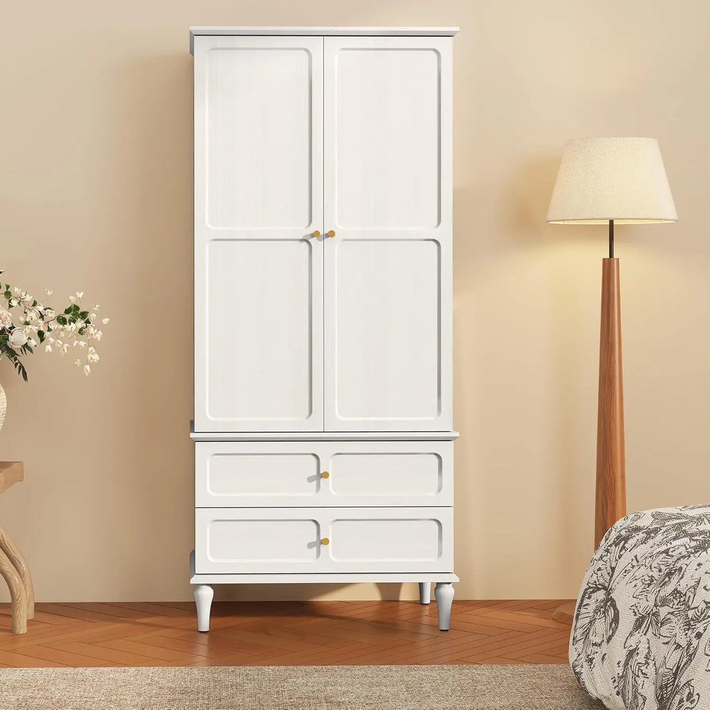 71" Mid-Century Armoire Wardrobe Closet Doors Drawers Wood Hanging Rod Bedroom Large Storage Custom