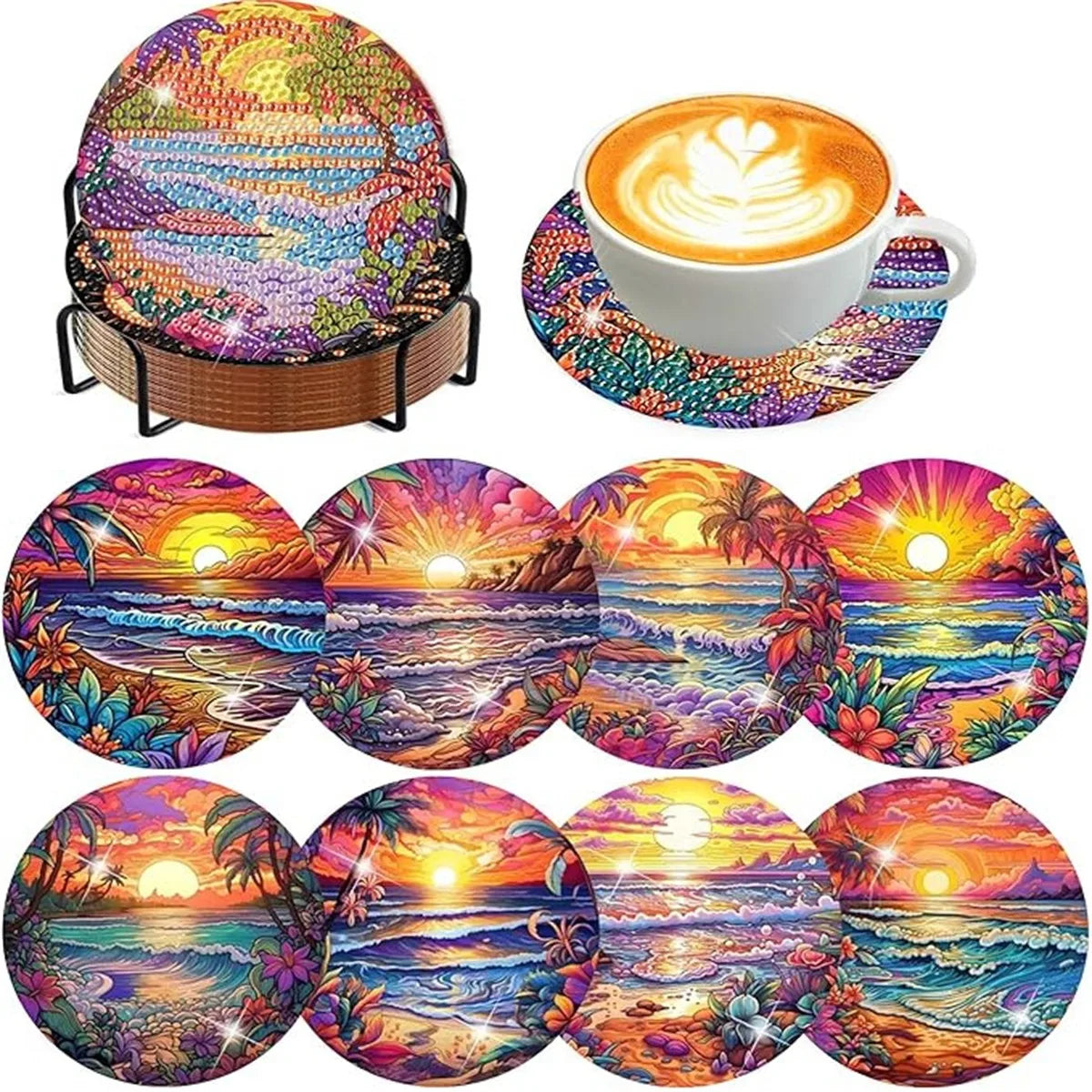 8 pieces/set of dog, beach, lighthouse pattern diamond painted coaster set, sparkling rhinestone heat-resistant beverage mat wit