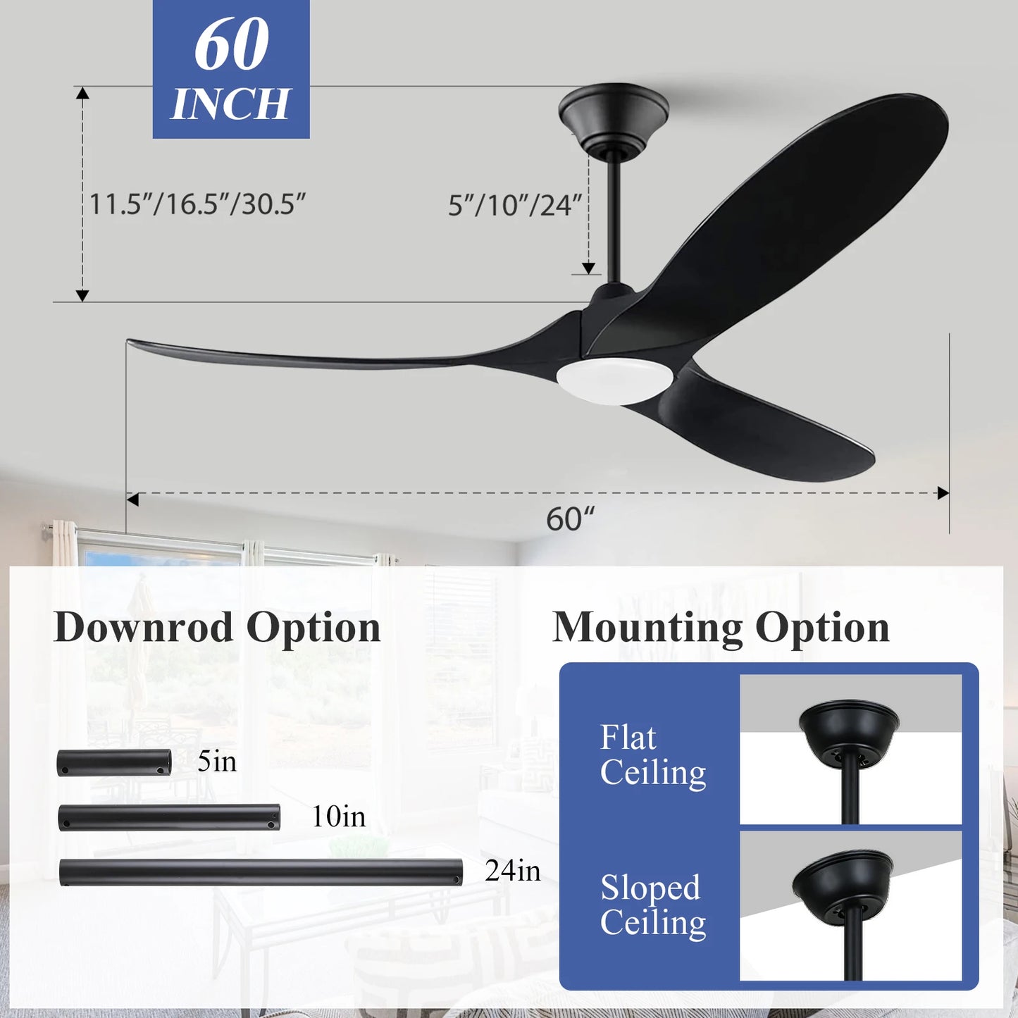52/60/70-inch Ceiling Fan with Light and Remote 3 Wood Blades High CFM Dimmable LED Noiseless Reversible DC Fans for Bedroom