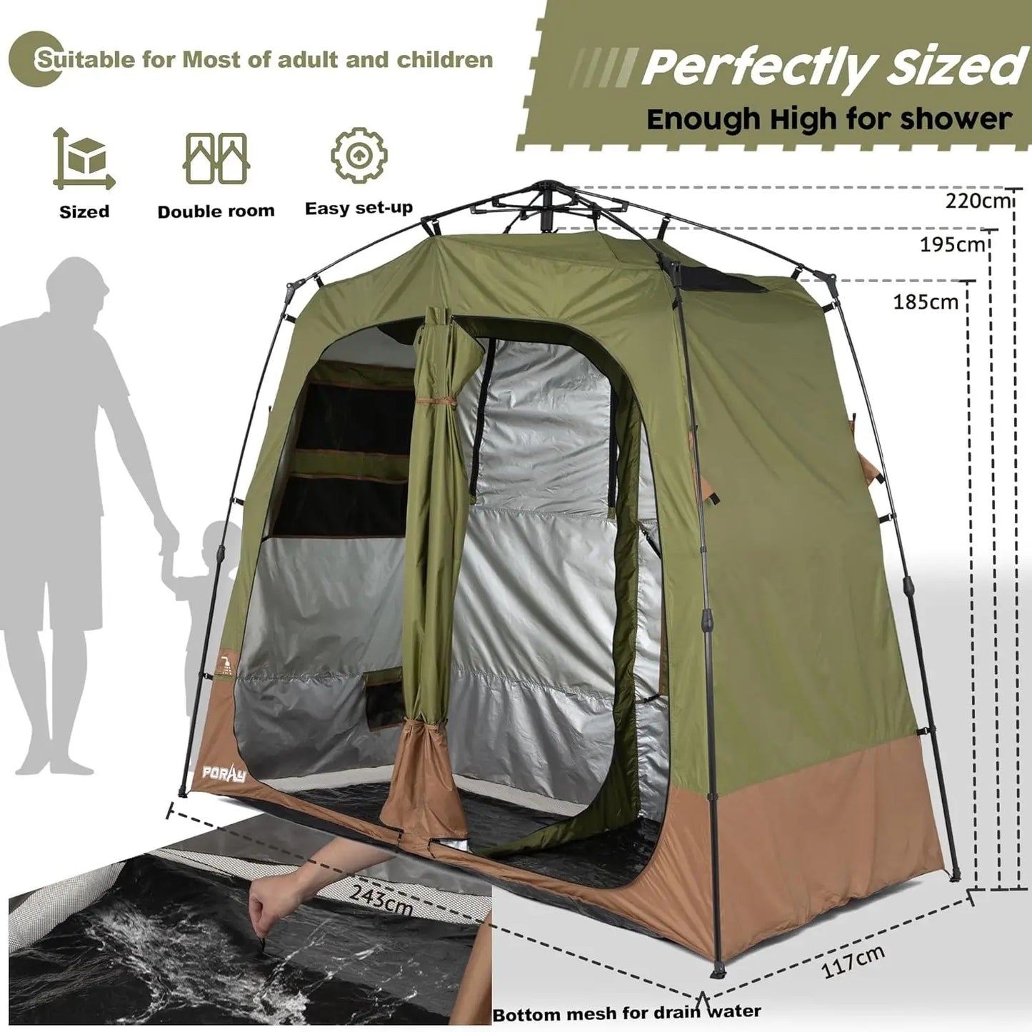 Camping Shower Tent Deluxe Easy Setup Privacy Shelter with Floor Drain for Beach Hiking