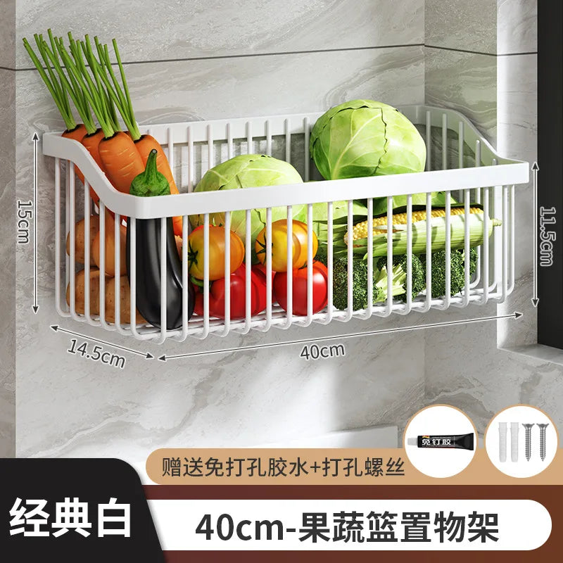 AOBT No-Drill Multifunctional Wall-Mounted Spice Rack Kitchen Storage Organizer Salt Seasoning Jar Vegetable Basket Rack