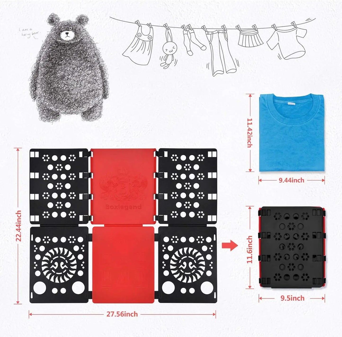 Shirt Folding Board Durable Plastic Fast Fold Helper for Adults Kids Black Red