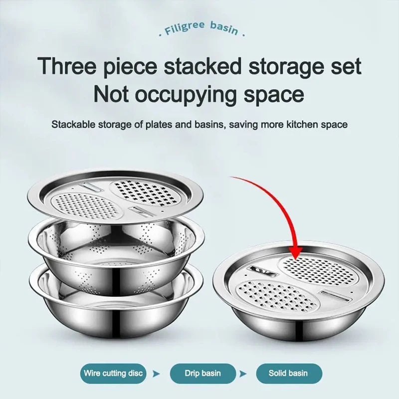 Vegetable Slicer Set 3PCS/1Set Stainless Steel Potato Cutter with Washing Basin Drain Basket Multifunctional Vegetable Chopper