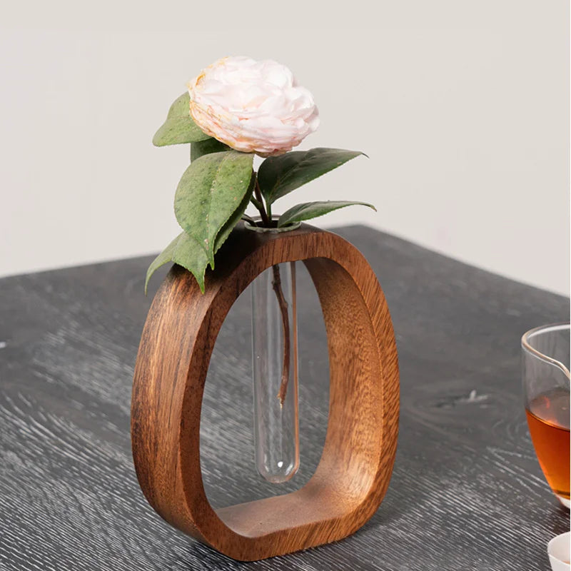Premium Solid Wood Floral Vase With Glass Plant Insert