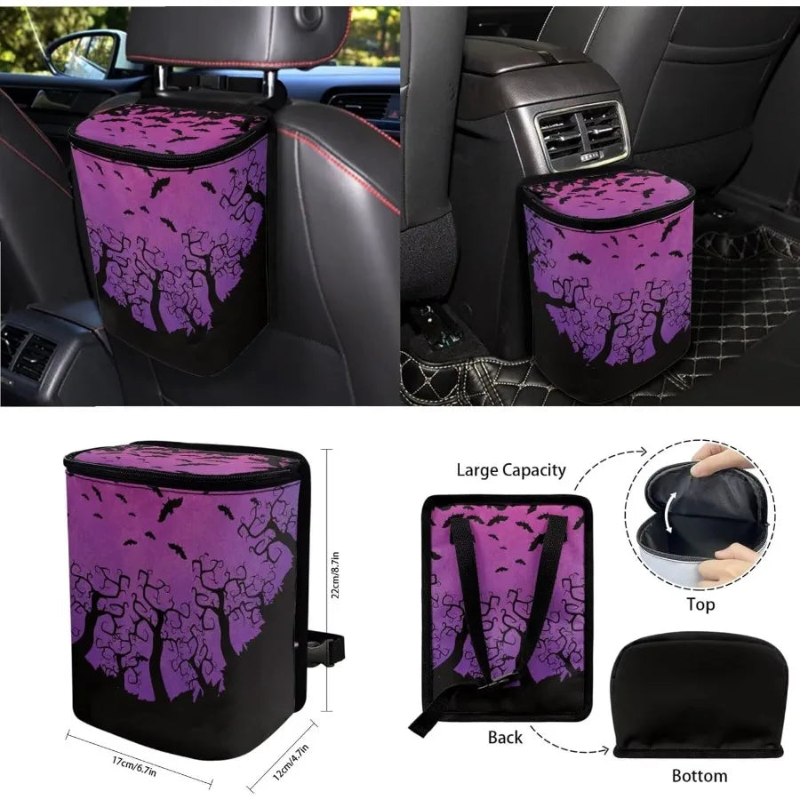 Purple Bat Print 15Pcs Car Seat Covers Full Set High Back Bucket Seat Covers with Steering Wheel Cover Safety Belt Pads Inside