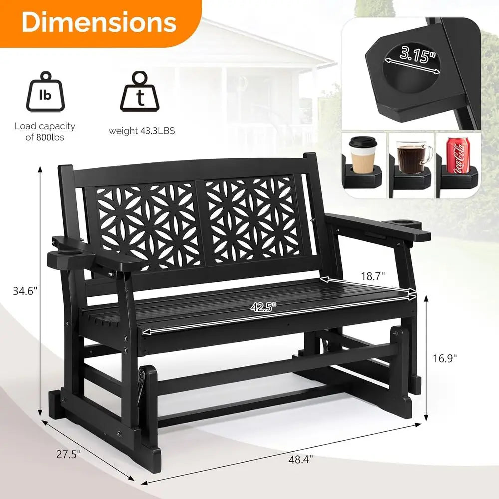 Wooden Outdoor Glider Bench with Floral Backrest, Patio Rocking Chair with Cup Holders, Ideal for Garden, Yard, and Porch (Black
