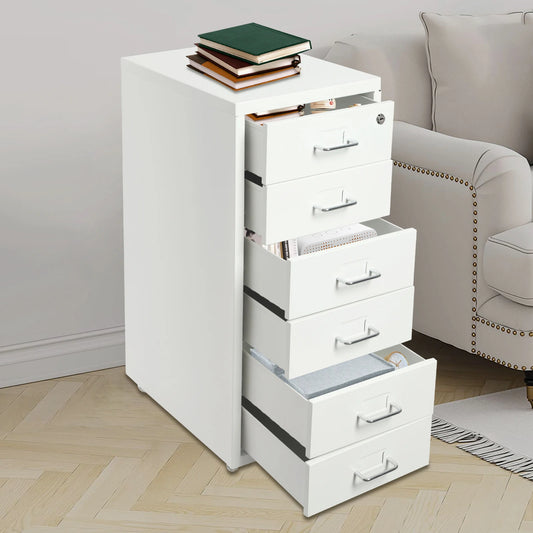 6 Drawer File Cabinet with Lock, Vertical Filing Storage Cabinets with Wheels Metal Rolling Organizer for Home Office Study