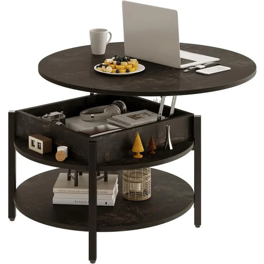26.77 Round Storage Coffee Table, Black Oak Finish | 2-Tier Small Center Table for Living Room & Dining