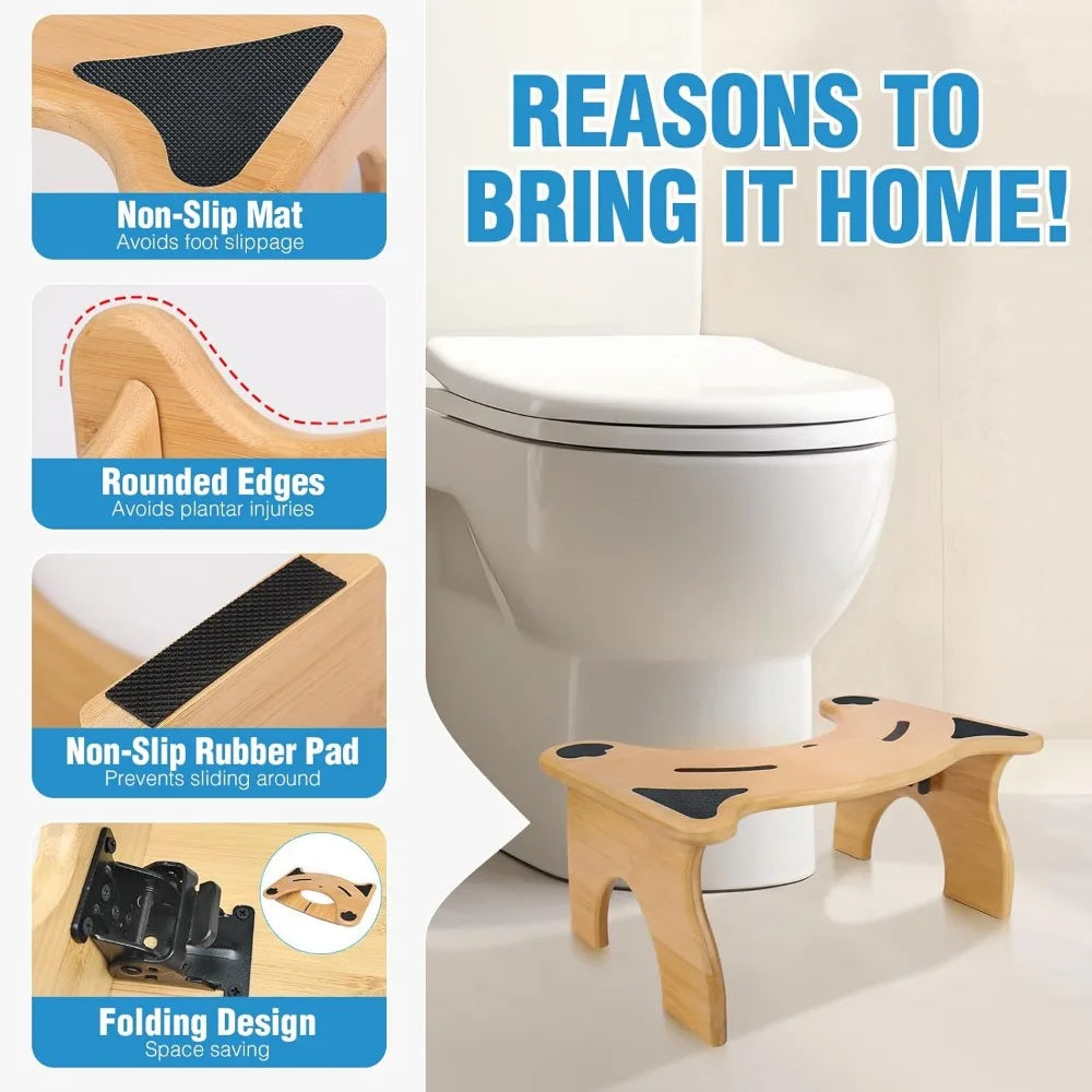 Foldable 7 Inch Bamboo Bathroom Stool with Non Slip Pads