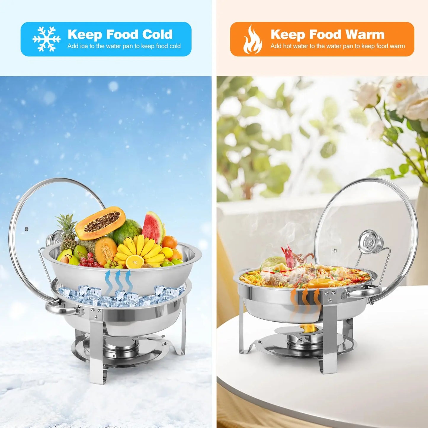 2/4Pack 5QT Round Stainless Steel Chafing Dishes – Buffet Food Warmer Set with Visible Glass Lids, Food & Water Pans, Buffet Server – Perfect for Parties, Weddings, Catering ﻿
